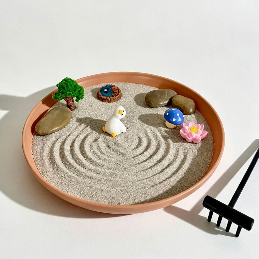 Mini Zen Garden Set with Duck, Mushroom, Lotus Figurines, Desktop Sand Tray